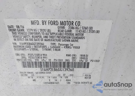 2016 Ford Taurus Sel из США, поврежденный, VIN 1FAHP2E86GG139260